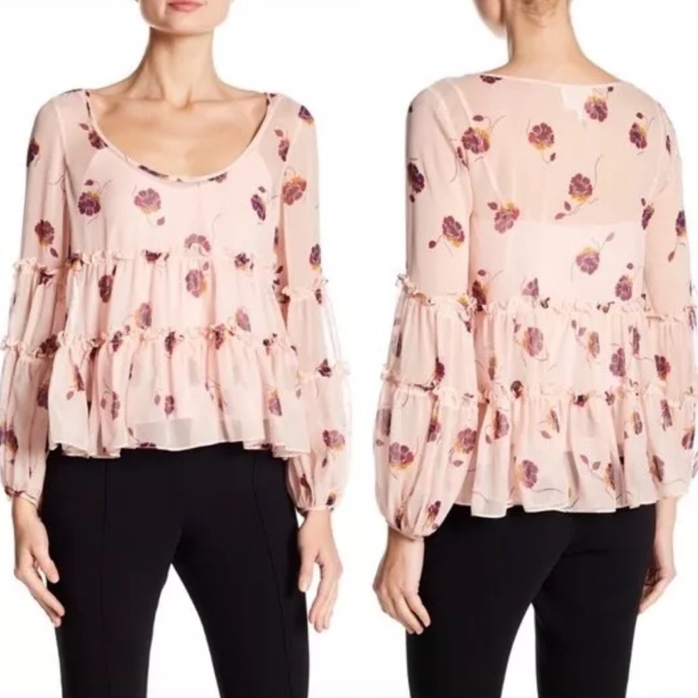 Cinq a Sept Tumbling Jasmin floral print pink pleated sheer silk blouse XS